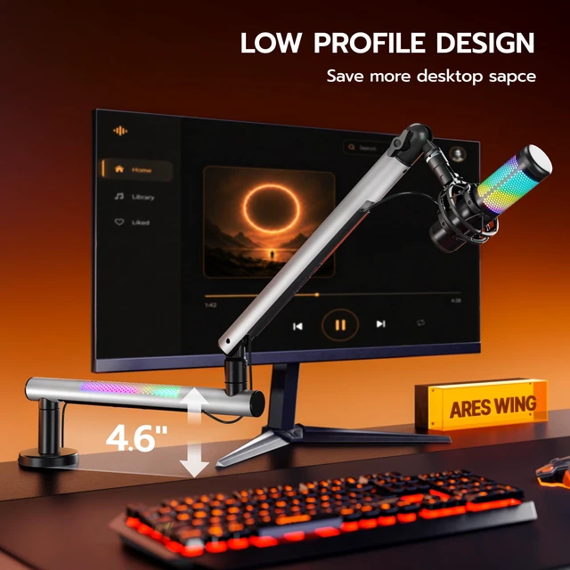 Alt view image 3 of 7 - ARES WING Aluminum Low Profile Mic Arm with 20 Mesh RGB Lighting Modes | Adjustable Microphone Boom Arm with 4.4 lbs Load Capacity, 3/8 to 5/8 Adapter, Mic Stand for Gaming Streaming Podcasting