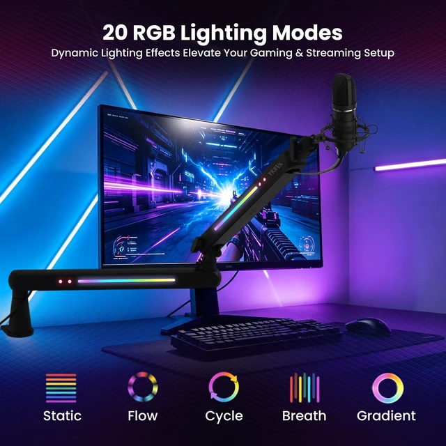 Alt view image 5 of 7 - RGB Low Profile Microphone Boom Arm Desk Mount for Gaming Streaming | 3/8 to 5/8 Screw Adapter,Cable Management, Aluminum Design,4.4 lb Weight Capacity,20 RGB Modes,Adjustable Angle