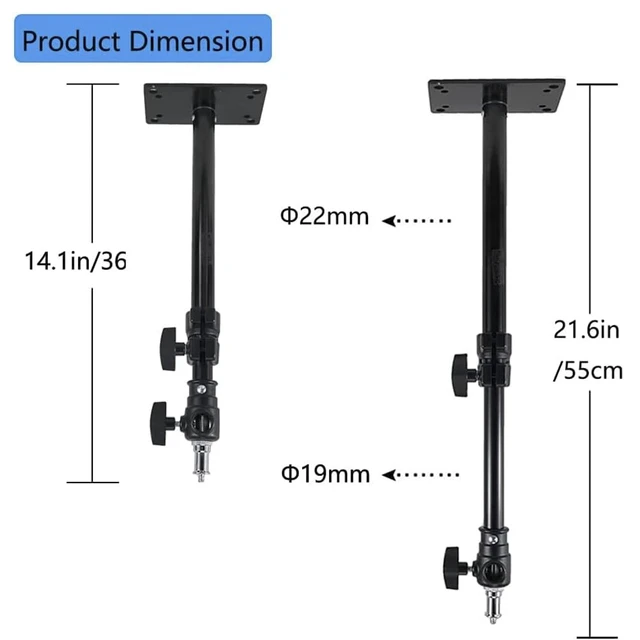 Alt view image 3 of 7 - FIEWSZIHU Camera Ceiling Wall Mount Light Stand 14.1-21.6inches/36-55 cm with 1/4 inch to 3/8 inch Universal Adapter Photography Arm for Photo Studio Video Light, Flash, Ring Light, Reflector