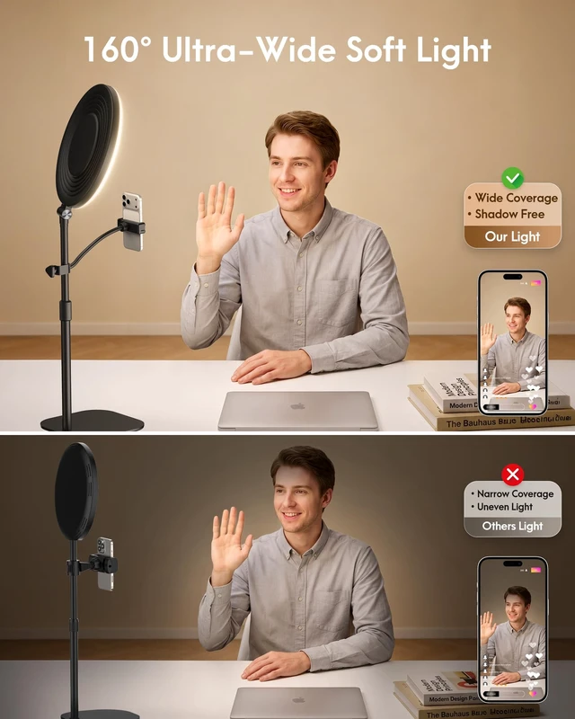 Alt view image 2 of 7 - 10" Full-Panel Desk Ring Light with Stand & Flexible Phone Holder, 24W 1100LM Light for Video Recording, 5 Color Modes up to 6500K, CRI 95+ for Computer, Podcast, Streaming, Zoom & Video Calls
