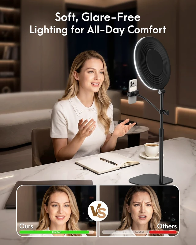 Alt view image 5 of 7 - 10" Full-Panel Desk Ring Light with Stand & Flexible Phone Holder, 24W 1100LM Light for Video Recording, 5 Color Modes up to 6500K, CRI 95+ for Computer, Podcast, Streaming, Zoom & Video Calls