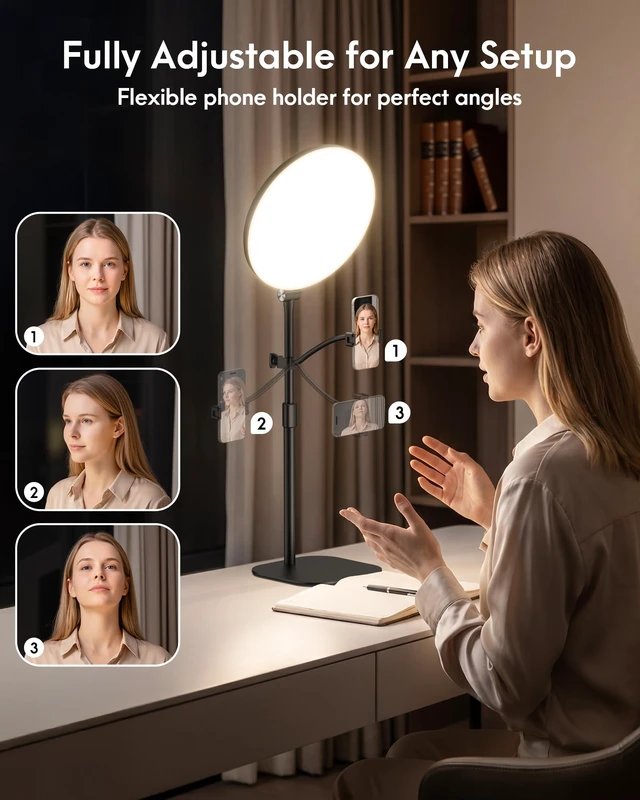 Alt view image 6 of 7 - 10" Full-Panel Desk Ring Light with Stand & Flexible Phone Holder, 24W 1100LM Light for Video Recording, 5 Color Modes up to 6500K, CRI 95+ for Computer, Podcast, Streaming, Zoom & Video Calls