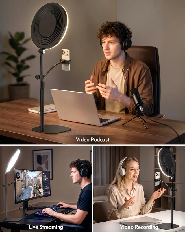 Alt view image 7 of 7 - 10" Full-Panel Desk Ring Light with Stand & Flexible Phone Holder, 24W 1100LM Light for Video Recording, 5 Color Modes up to 6500K, CRI 95+ for Computer, Podcast, Streaming, Zoom & Video Calls