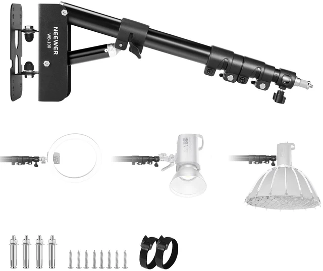 Main image of NEEWER Ring Light Wall Mount Boom Arm, 22"-46"/55-116cm, Aluminum Alloy | 180° Swivel, Triangle Light Wall Mounting, for Photography Strobe Monolight Softbox Umbrella Reflector, Max 6.6lb/3kg, WB-100