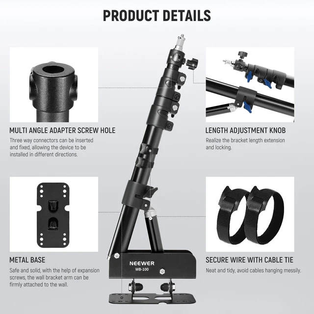 Alt view image 6 of 7 - NEEWER Ring Light Wall Mount Boom Arm, 22"-46"/55-116cm, Aluminum Alloy | 180° Swivel, Triangle Light Wall Mounting, for Photography Strobe Monolight Softbox Umbrella Reflector, Max 6.6lb/3kg, WB-100