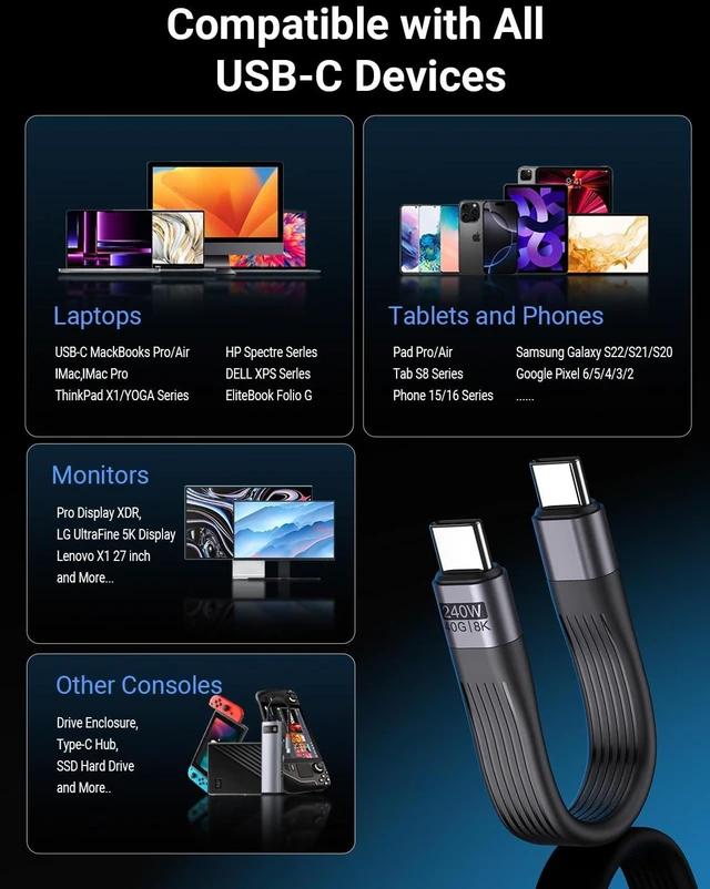 Alt view image 6 of 7 - AJMRTC 13CM Black USB4 USB-C Cable,40Gbps,240W PD,8K@60Hz,Thunderbolt 3/4,Soft Silicone Cord with Keychain for MacBook iPad iPhone 15 16 Samsung Android Auto VR