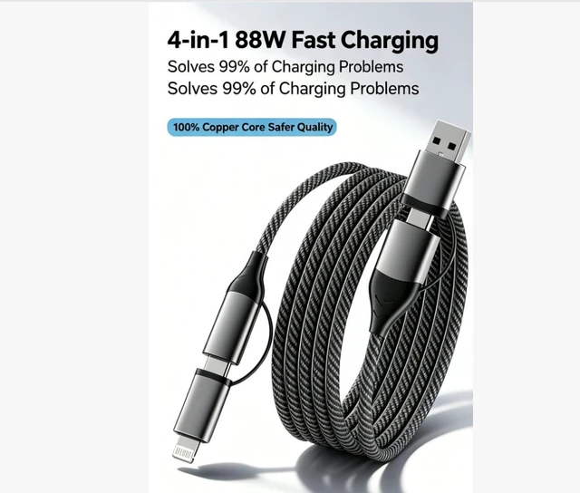 Alt view image 4 of 7 - AJMRTC 1M Grey 4-in-1 Multi Charging Cable,88W Super Fast Charging Braided Charger Cord,USB A/USB C to Lightning & Type C,Compatible with iPhone Android Smartphone Tablet