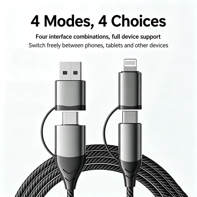 Alt view image 2 of 7 - AJMRTC 1M Grey 4-in-1 Multi Charging Cable,88W Super Fast Charging Braided Charger Cord,USB A/USB C to Lightning & Type C,Compatible with iPhone Android Smartphone Tablet