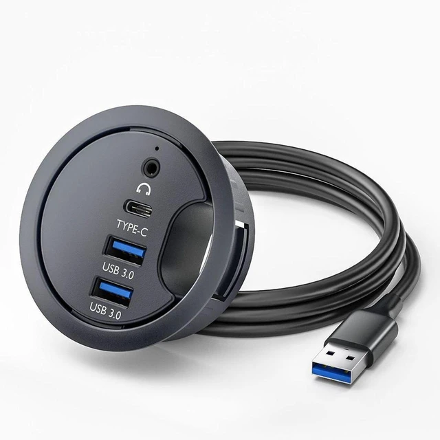 Alt view image 6 of 6 - AJMRTC Desk Grommet USB3.0 Hub, Flush Mount 5Gbps Desktop Dock, 2 Type-A, USB-C, 3.5mm Audio, 4.9Ft Cord for 60mm/2.36" Desk Hole, Cable Management, Home Office Gaming PC Laptop