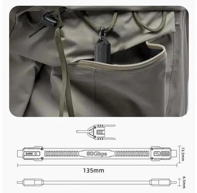 Alt view image 7 of 7 - AJMRTC USB5.0 Cable 80Gbps Flat Slim FPC Type C to Type C Cord, 240W PD Fast Charging, 16K@30Hz 8K@60Hz 5K Video Output, USB4.0 Compatible with Thunderbolt 3/4/5, Black with Lanyard Strap Chain for La