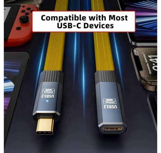 Alt view image 2 of 7 - AJMRTC USB4 Male to Female Extension Cable, 20Gbps Flat Slim FPC Type-C Extension Cord, 100W PD Fast Charging, 8K@60Hz 5K UHD Video Output, USB4.0 Compatible with Thunderbolt 3/4 for Laptop, Docking S