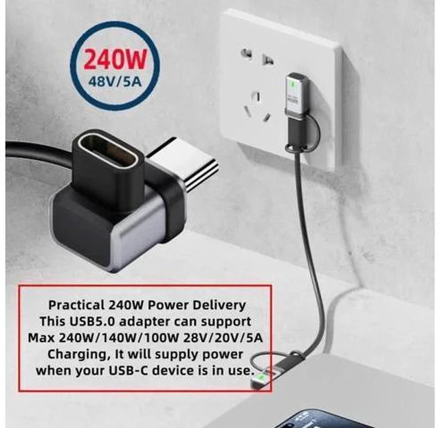 Alt view image 7 of 7 - AJMRTC 90 Degree USB5.0 Extension Adapter, Low Profile Up/Down Angled Type-C Male to Female, 80Gbps, 240W PD3.1, 16K 8K 5K Video Output, Lanyard Keychain Included, Compatible with USB4.0 & Thunderbolt