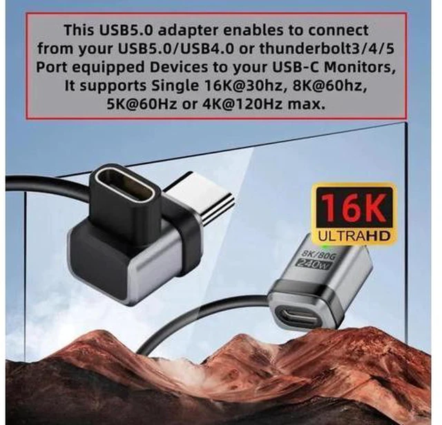 Alt view image 4 of 7 - AJMRTC 90 Degree USB5.0 Extension Adapter, Low Profile Up/Down Angled Type-C Male to Female, 80Gbps, 240W PD3.1, 16K 8K 5K Video Output, Lanyard Keychain Included, Compatible with USB4.0 & Thunderbolt