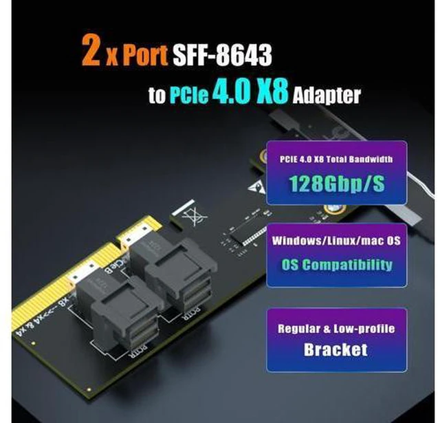 Alt view image 3 of 7 - AJMRTC 2-Port SFF-8643 Mini-SAS HD to PCIe 4.0 X8 Adapter Card, Without PCIe Bifurcation Function, Comes with Regular and Low-Profile Bracket, for Server, Workstation, U.2 NVMe SSD Storage Expans