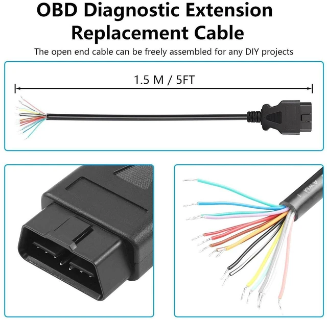 Alt view image 2 of 7 - AJMRTC OBD2 OBDII 16Pin Male Connector to Open Pigtail Wire, 5ft /1.5m OBD Diagnostic Extension Replacement Cable, Bare End Pigtail Wiring Harness for Automotive OBD Port DIY Modification & Vehicle Di