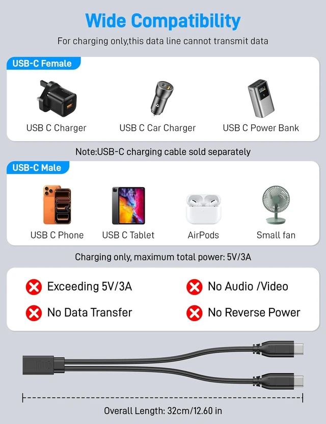 Alt view image 6 of 7 - AJMRTC USB C Splitter 1 in 2 Out, USB Type C Female to Dual Type C Male Charging Cable 30CM, Only Support Charging, Not Data Transfer, USB-C Power Splitter Cord for Phone, Power Bank