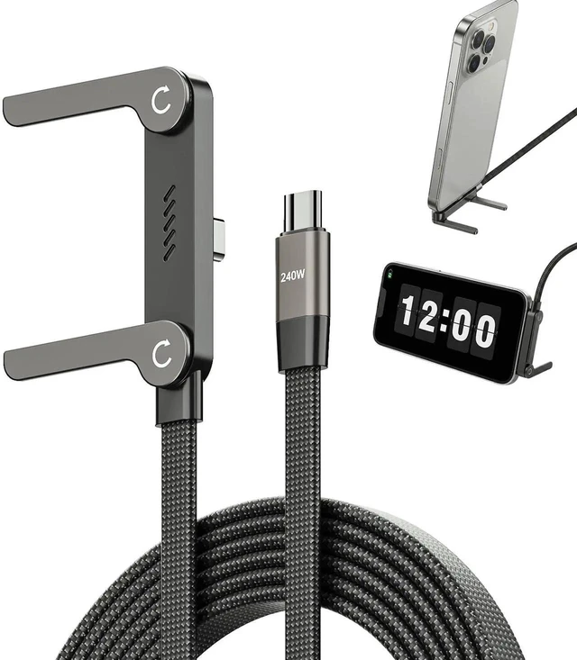 Main image of AJMRTC 2Pack 5Ft 240W USB C to USB C Fast Charging Cable with Foldable Phone Stand, 90 Degree Right Angle Flat Cord, Multi-Functional T-Shaped Invisible Phone Holder, Ultra Fast Charger Cable Black