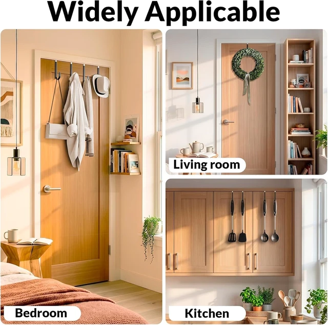 Alt view image 4 of 7 - AJMRTC 6Pack Black Over The Door Hooks, Heavy Duty Stainless Steel Anti-Scratch Door Hangers, No Drill Organizer for Towels Coats Bags Hats, Fits 1.4" Doors for Bathroom Bedroom Closet Entryway