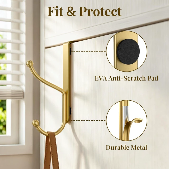 Alt view image 6 of 7 - AJMRTC 8Pack Gold Over Door Hooks, Heavy Duty Over The Door Hanger, Fits Interior Doors Up to 1.4" Thick, Multi-Hook Organizer for Coats Hats Towels Bags, for Entryway Bathroom Bedroom Kitchen