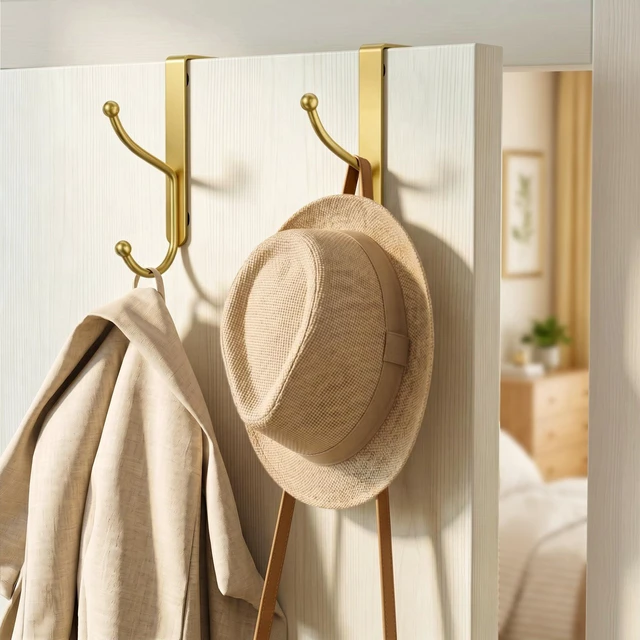 Alt view image 2 of 7 - AJMRTC 8Pack Gold Over Door Hooks, Heavy Duty Over The Door Hanger, Fits Interior Doors Up to 1.4" Thick, Multi-Hook Organizer for Coats Hats Towels Bags, for Entryway Bathroom Bedroom Kitchen