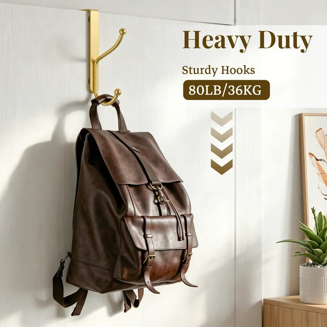 Alt view image 5 of 7 - AJMRTC 8Pack Gold Over Door Hooks, Heavy Duty Over The Door Hanger, Fits Interior Doors Up to 1.4" Thick, Multi-Hook Organizer for Coats Hats Towels Bags, for Entryway Bathroom Bedroom Kitchen