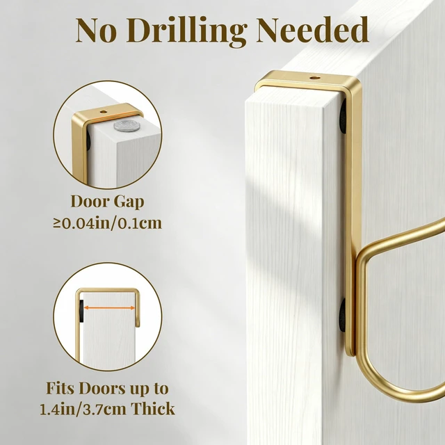 Alt view image 4 of 7 - AJMRTC 8Pack Gold Over Door Hooks, Heavy Duty Over The Door Hanger, Fits Interior Doors Up to 1.4" Thick, Multi-Hook Organizer for Coats Hats Towels Bags, for Entryway Bathroom Bedroom Kitchen