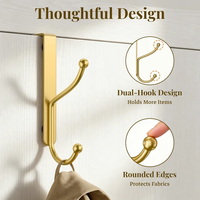 Alt view image 7 of 7 - AJMRTC 8Pack Gold Over Door Hooks, Heavy Duty Over The Door Hanger, Fits Interior Doors Up to 1.4" Thick, Multi-Hook Organizer for Coats Hats Towels Bags, for Entryway Bathroom Bedroom Kitchen