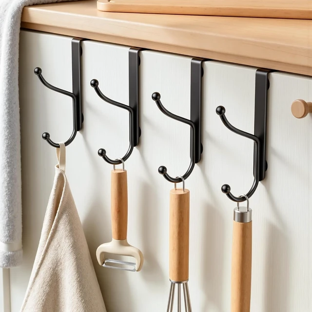Alt view image 6 of 7 - AJMRTC 8Pack Black Over Door Hooks, Heavy Duty Over The Door Hanger, Fits Interior Doors Up to 1.4" Thick, Multi-Hook Organizer for Coats Hats Towels Bags, for Entryway Bathroom Bedroom Kitchen