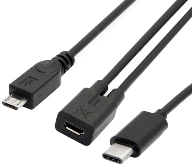 Main image of AJMRTC 2-Port Micro USB Female to USB 3.1 Type-C Male & Micro USB Male Y Splitter Extension Charge Cable, 28AWG Black Cord, Dual Output Charging Splitter Cable for Android Phones, Power Banks, Tablets