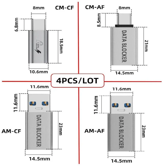 Alt view image 3 of 7 - AJMRTC 4PCS USB Data Blocker, Type-A Male to USB-C Female Charging Only Adapter, Blocks Data Transmission, Anti-Hacking Protection Eliminates Data Theft Risks While Charging Phones and Tablets