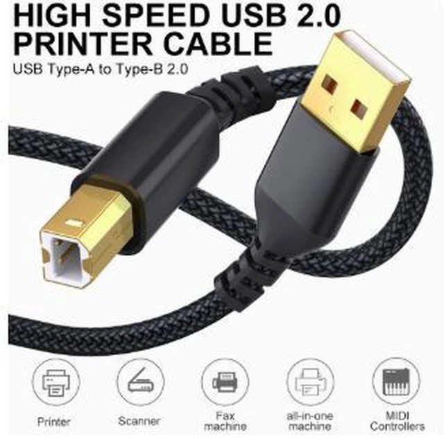 Alt view image 3 of 3 - AJMRTC 5M USB Printer Cable, USB-A to USB-B Cable, Nylon Braided Data Cable with Gold-Plated Connector for Printer, Scanner, Fax Machine and MIDI Controller Black