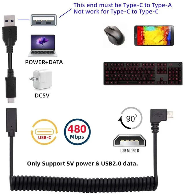 Alt view image 6 of 7 - AJMRTC Stretch Coiled USB-C Gaming Keyboard & Mouse Cable, Micro USB Male to Type-C Female Extension Cord, Power & Data Transfer Spring Cable for Mechanical Keyboard, Gaming Mouse and USB-C Peripheral