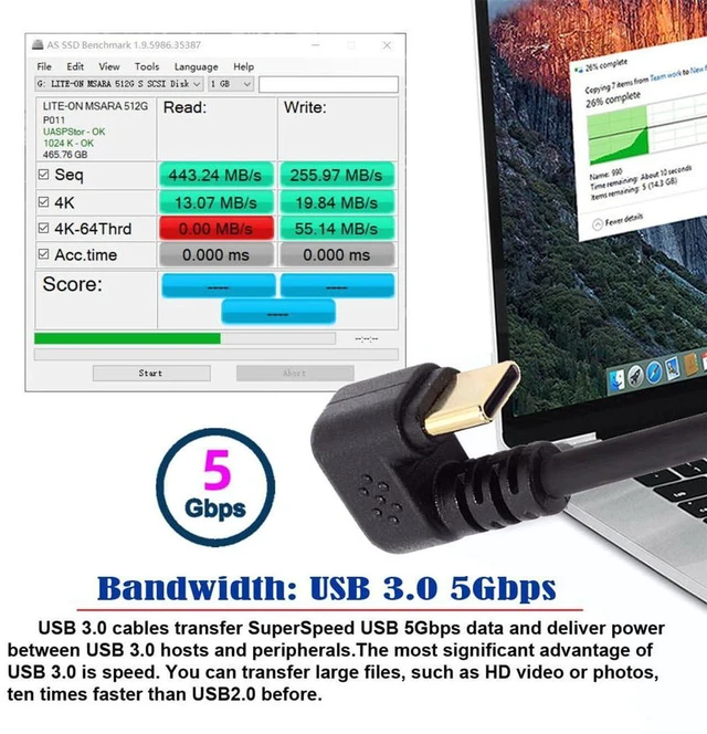 Alt view image 5 of 7 - AJMRTC Right Angled USB3.0 Type-A to USB-C Male to Male Cable, U Shape Back Angled USB-C Cord, 5Gbps SuperSpeed Data Transfer & Power Charging Cable for SSD, Docking Station, Laptop, Tablet
