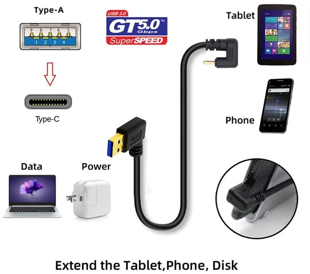 Alt view image 6 of 7 - AJMRTC 5Gbps USB3.0 Left Angled Type-A to USB-C Male to Male Cable, U Shape Back Angled USB-C Cord, Power & High Speed Data Transfer Cable for SSD, Docking Station, Laptop, Tablet