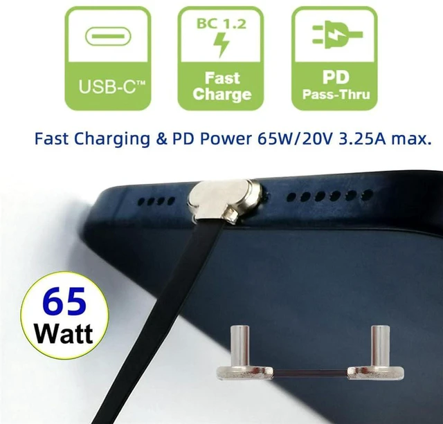 Alt view image 6 of 7 - AJMRTC 2CM Ultra Slim Flat USB2.0 USB-C to Dual Angled USB-C Cable, 65W PD Fast Charging & Data Sync Cord, Low Profile Short Flat Cable with Dual Angled Plugs for Laptop, Tablet, Smartphone, USB-C