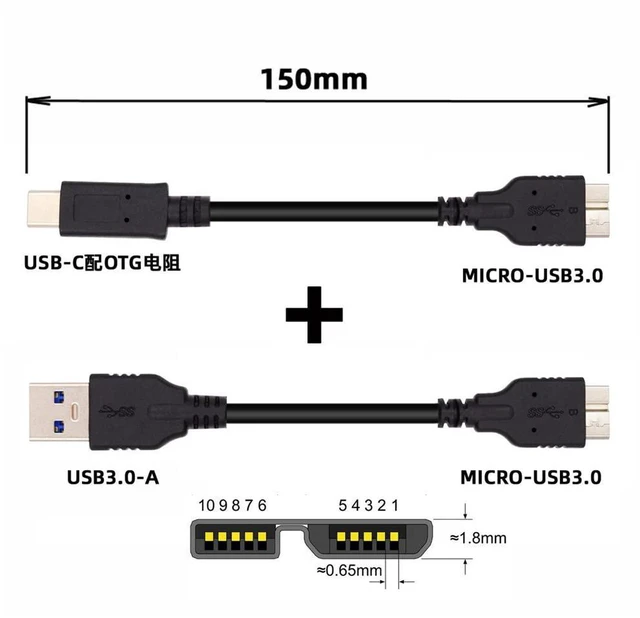 Alt view image 4 of 7 - AJMRTC 2Pcs/Set 15CM USB3.1 Cable Kit, USB-C Male to Micro USB3.0 B Male & USB3.0-A Male to Micro USB3.0 B Male Data Cord, 5Gbps High Speed Cable for External SSD, Portable Hard Disk, Micro 3.0 B Stor