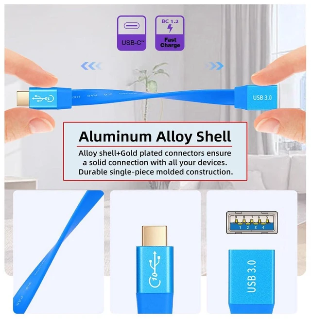 Alt view image 5 of 7 - AJMRTC Ultra Flat Slim USB 3.1 Gen2 Type-C Male to USB3.0 Type-A Female OTG Cable, 10Gbps High Speed 20cm Blue On-The-Go Cord for Laptop, PC, SSD, Flash Drive, Camera, Tablet, Smartphone Data Transfer