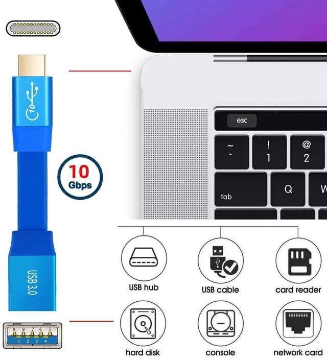 Alt view image 3 of 7 - AJMRTC Ultra Flat Slim USB 3.1 Gen2 Type-C Male to USB3.0 Type-A Female OTG Cable, 10Gbps High Speed 20cm Blue On-The-Go Cord for Laptop, PC, SSD, Flash Drive, Camera, Tablet, Smartphone Data Transfer