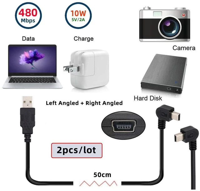 Alt view image 4 of 7 - AJMRTC 2Pcs/Lot Left & Right Angled Mini USB B 5Pin Male 90 Degree to USB 2.0 Male Cable, 50cm Power & Data Sync Cord for Digital Camera, MP3 Player, GPS, Dash Cam, Hard Disk Recorder