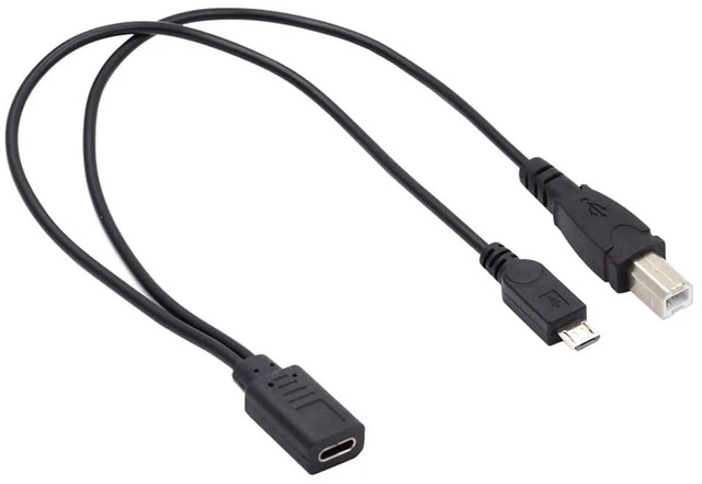 Main image of AJMRTC Black USB-C Female to USB2.0 Type-B & Micro USB Male Splitter Cable, Dual Output Extension Cord 32AWG Wire for Charging & Data Sync, Compatible with Printers, Cameras, Power Banks, Portable Dev