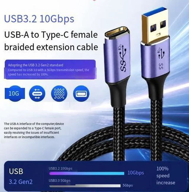 Alt view image 3 of 3 - AJMRTC 1M USB3.1 Gen2 Type-A Male to USB-C Female Extension Cable, 10Gbps High Speed Data Transfer Cord with 5V/3A Power Charging, Suitable for Laptop, Car Charger, Smartphone and Other USB-C Electron