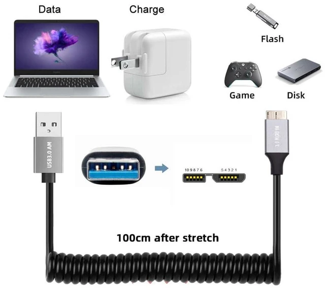Alt view image 7 of 7 - AJMRTC USB 3.0 Type A to Micro USB3.0 Male Coiled Stretch Cable 100cm, 5Gbps High Speed Retractable Spring Extension Cord, USB-A to Micro-USB3.0 Data Cable for Portable Disk, Smartphone, Digital Camer
