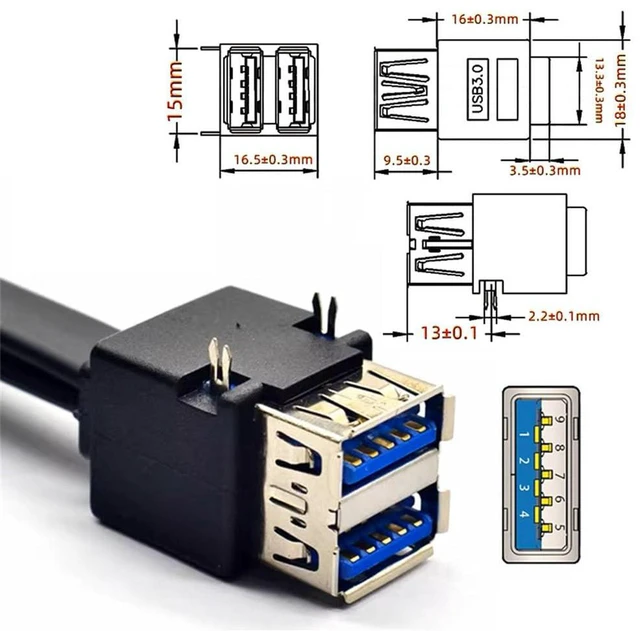 Alt view image 3 of 7 - AJMRTC 50cm Flat Stackable Dual USB3.0 Female to Motherboard 20pin 19Pin Header Data Cable with DIP Pins, Internal Front Panel Type A Extension Cord for PC Case Motherboard Connection