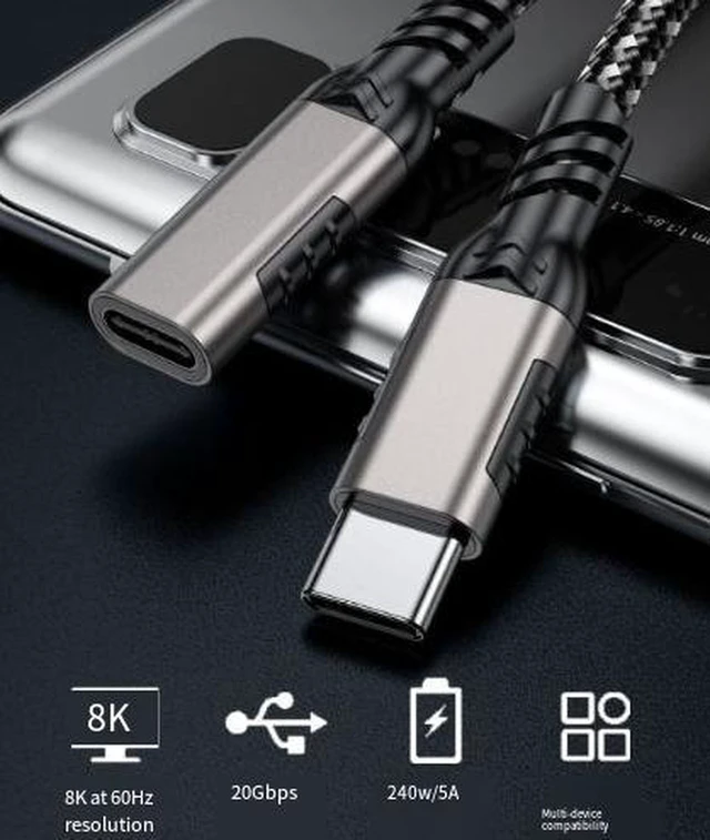 Alt view image 3 of 3 - AJMRTC 1M USB-C Extension Cable, USB 3.2 Gen 2x2 20Gbps High Speed USB-C Male to Female Cord, Supports 8K Video Output, Braided Durable Type-C Extender for Laptop, Portable Monitor, SSD, Docking Stati