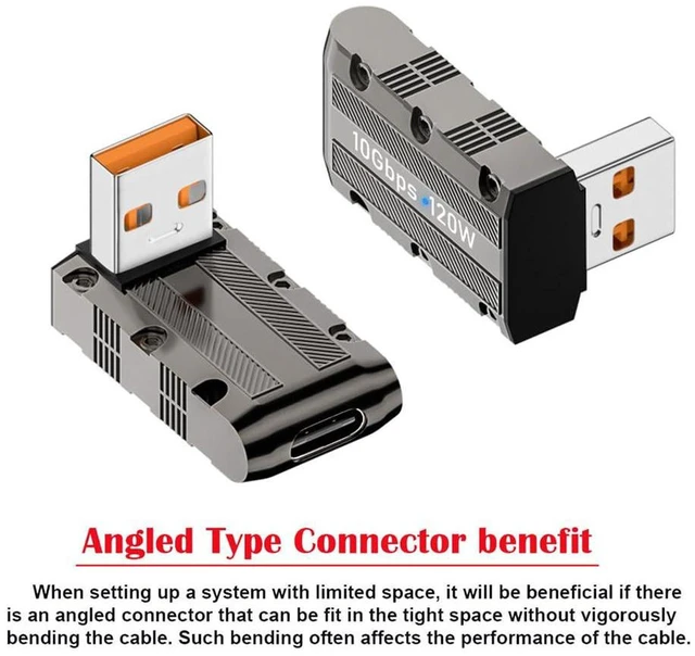 Alt view image 4 of 7 - AJMRTC 10Gbps 120W Up 90 Degree Low Profile USB-C Female to USB3.0 Type-A Male Adapter, Mecha Cyberpunk Style Alloy Shell, USB3.1 L-Shape Compact Converter, High Speed Data & Fast Charging Adapter for