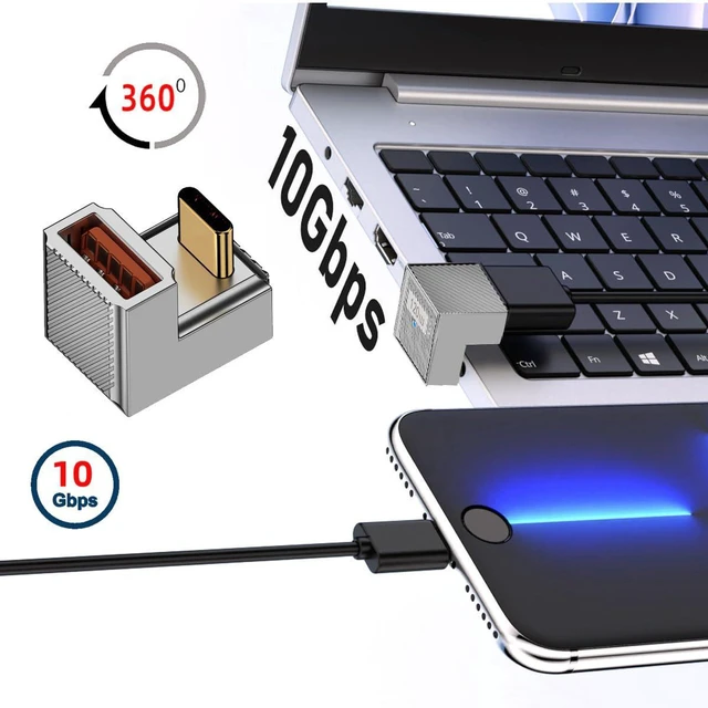 Alt view image 2 of 7 - AJMRTC Opposite U Shape Back Angled USB 3.1 Gen2 Type C Female to USB 3.0 Type-A Male OTG Adapter,10Gbps Data Sync 120W Fast Charging Converter,Alloy Shell Mecha Cyberpunk Style for Laptop,PC,Phone