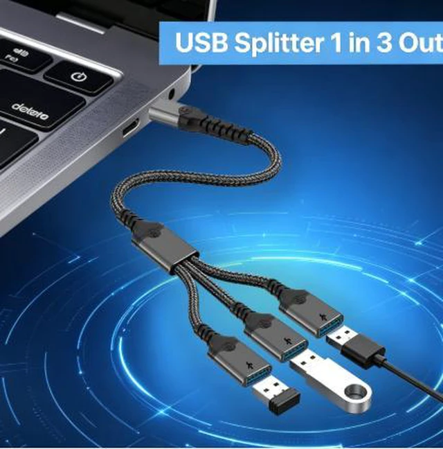 Alt view image 3 of 4 - AJMRTC USB OTG Hub Adapter, USB Male to 3 USB Female Splitter, Aluminum Alloy Housing Nylon Braided Cable Multi-Port USB Hub, Portable USB Expander for Smartphone, Tablet, Laptop, Desktop PC, Flash