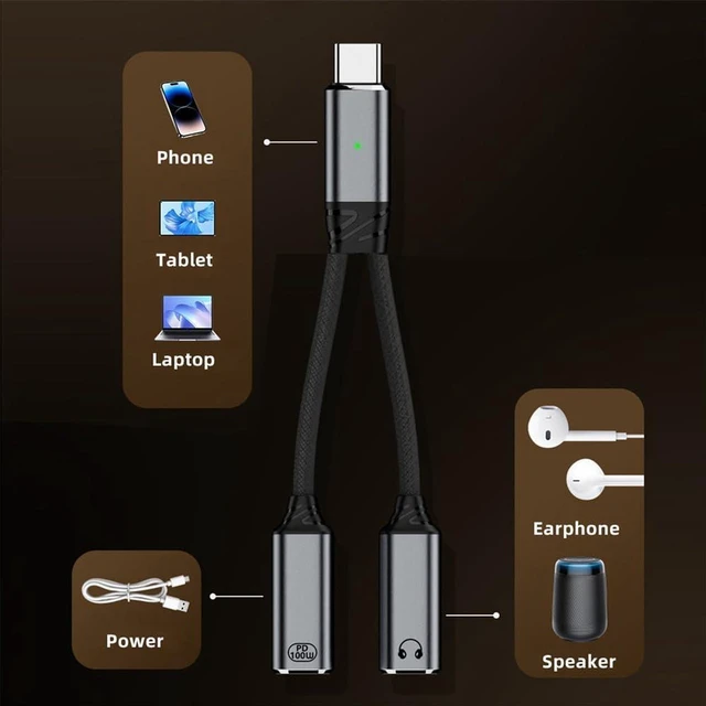 Alt view image 4 of 7 - AJMRTC USB-C to Dual-C Female Audio DAC AUX 16bit 48kHz & 100W PD Charging Cable, Type-C Splitter Adapter Supports Audio Decoding and 100W PD Power Delivery for Laptop, Tablet, Smartphone