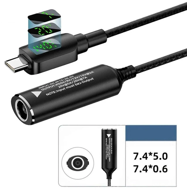 Alt view image 4 of 7 - AJMRTC DC Jack 7.4x5.0mm Input to USB-C Type-C 140W Smart LED Display Charging Cable, DC 7.4*5.0mm Male to Type-C PD Power Cord, Support PD 5V 9V 20V 7A for Laptop, Smartphone, DC Power Supply, Power