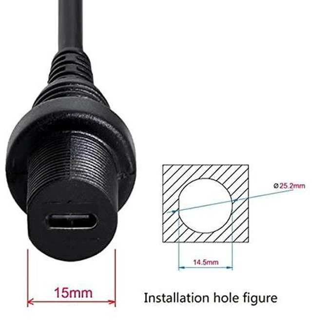 Alt view image 6 of 6 - AJMRTC Waterproof USB-C USB3.1 Flush Mount Extension Cable, Type-C Panel Mount Cord for Car Dashboard, Dustproof Flush Socket for Vehicle Interior Panel Installation